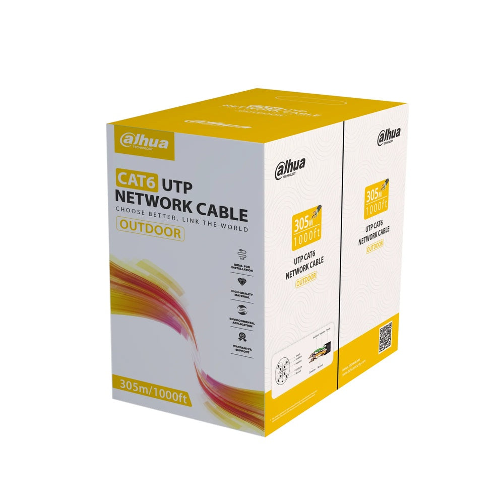 Cable UTP Dahua Cat6 100% Cobre para Exterior Rollo de 305 metros 24AWG color Negro DH-PFM920-6UN-black