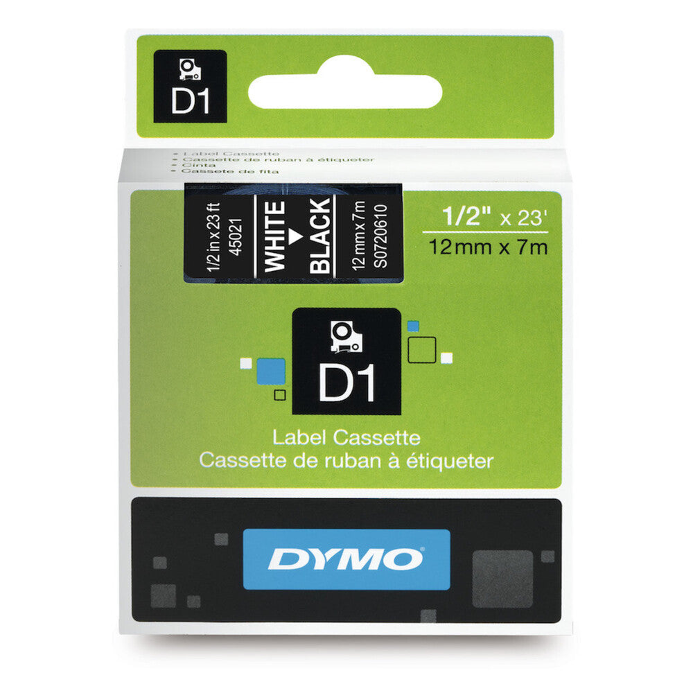 Cinta Dymo D1 Labelmanager Standard Blanco fondo texto Negro 12mm x 7m 45021