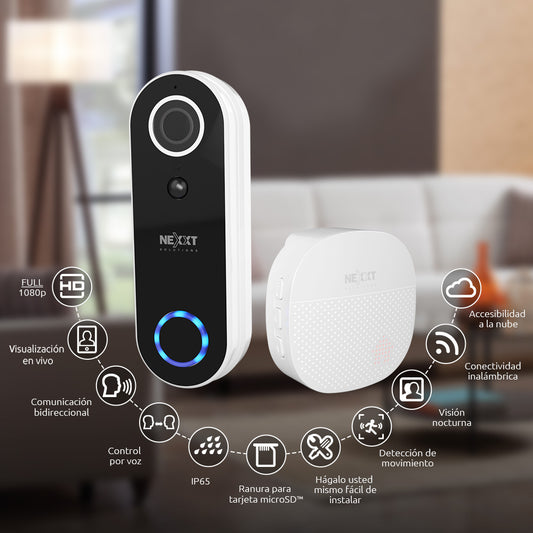 Timbre Nexxt Inteligente Camara Video Portero Full HD WiFi Alexa Google Audio Bidireccional Deteccion de Movimiento Vision Nocturna Proteccion IP65 NHC-D100