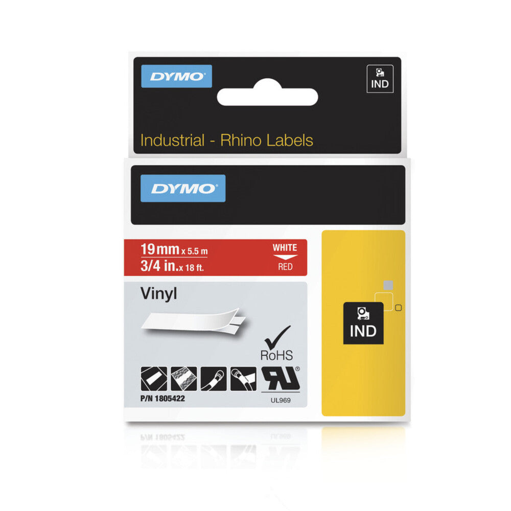 Cinta Dymo Rhino Industrial Vinil Blanco fondo Rojo 19mm x 5.5m 1805422