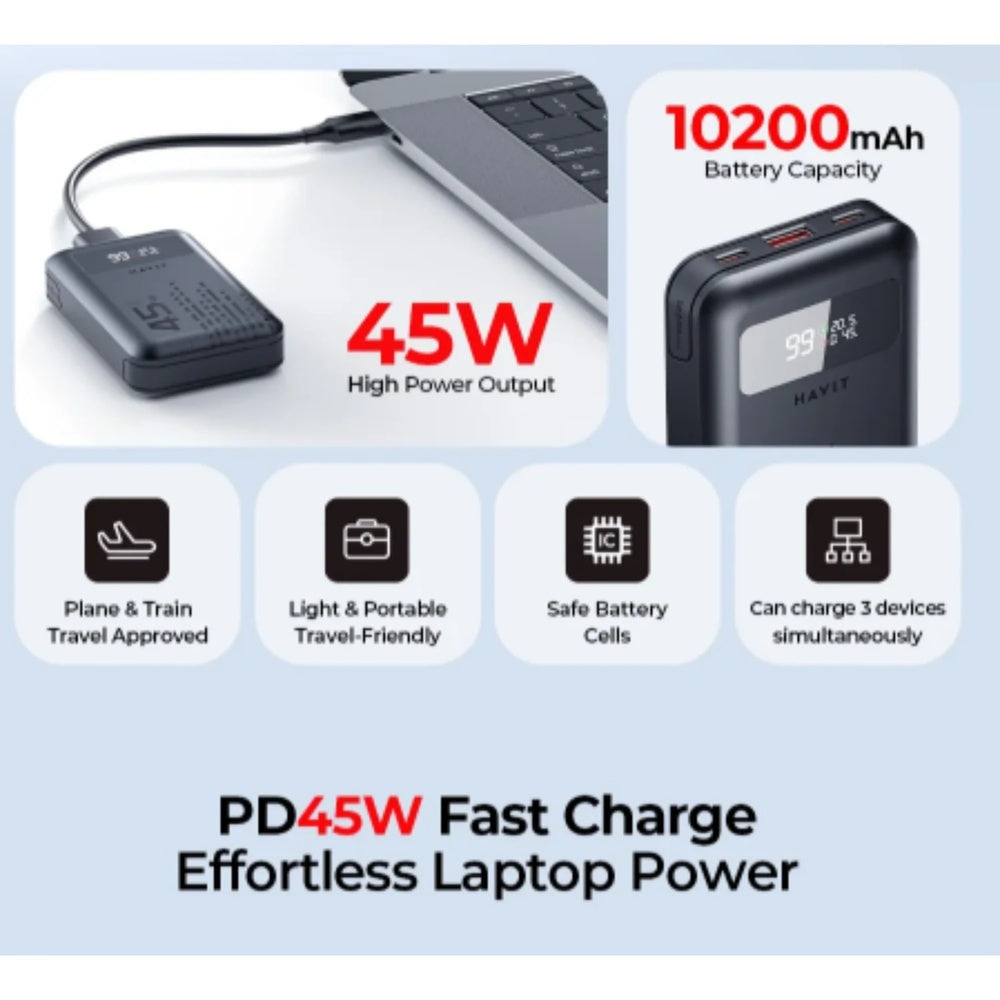 Power Bank Havit 45W 10200mAh Puertos 1xUSB-A 2xUSB-C color Negro PB5211-BK