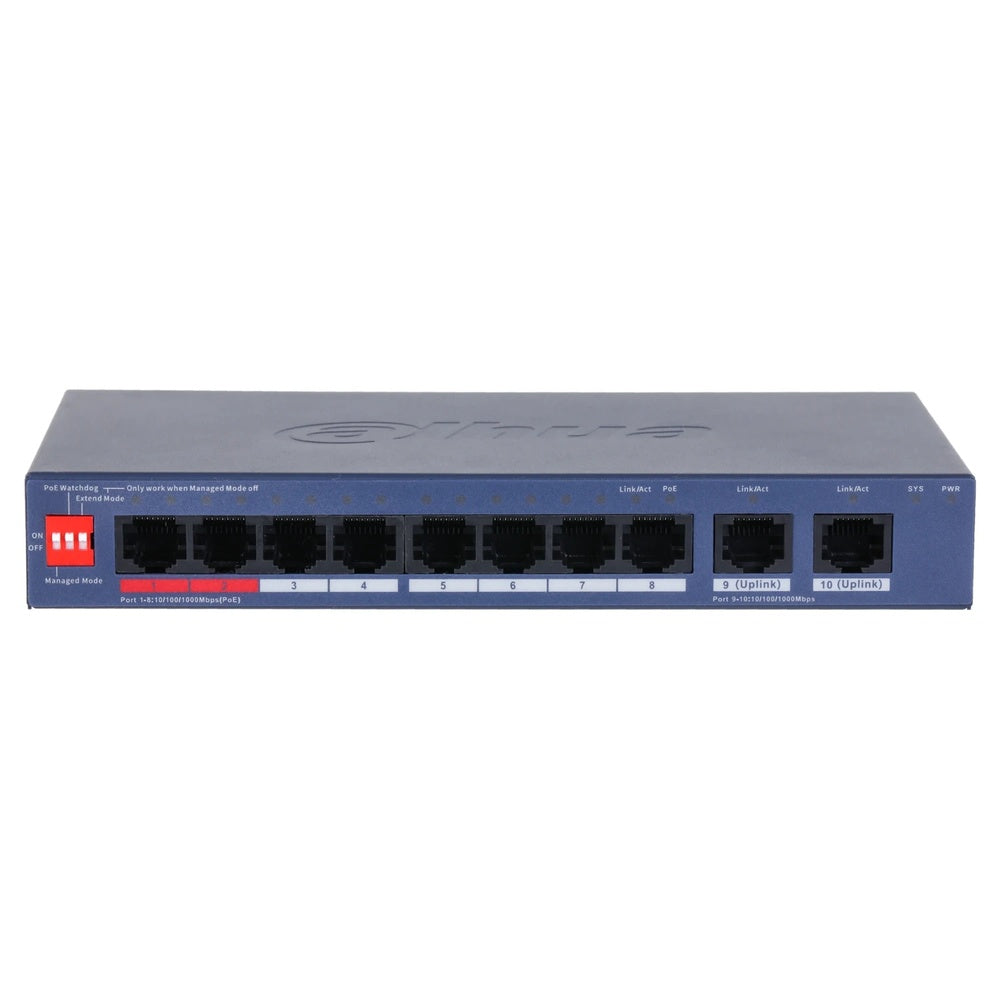 Switch Administrable Dahua 10 Puertos Gigabit 8xPoE 110Watts hasta 250metros 2xGigabit DH-CS4010-8GT-110-V2