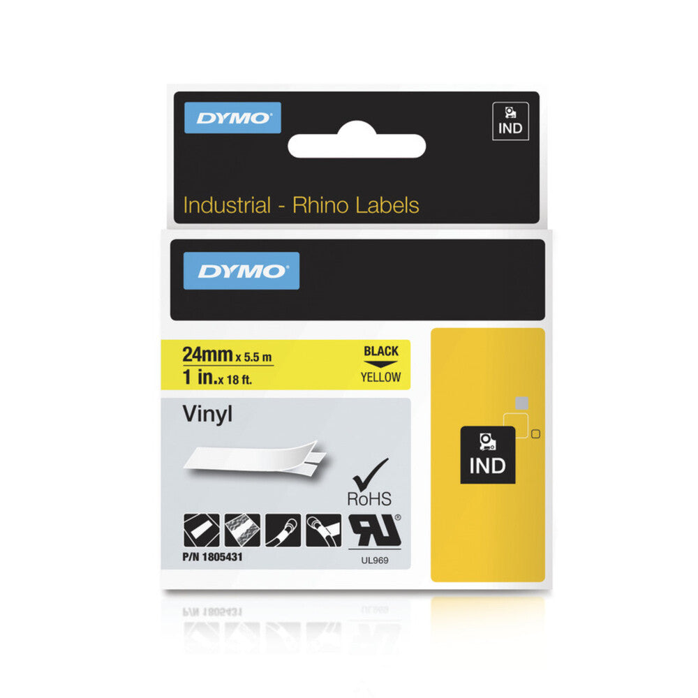 Cinta Dymo Rhino Industrial Vinil Negro fondo Amarillo 24mm x 5.5m 1805431