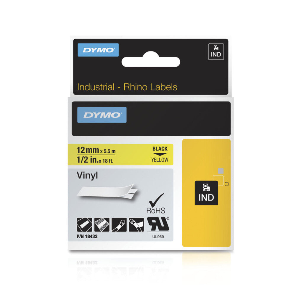 Cinta Dymo Rhino Industrial Vinil texto Negro fondo Amarillo 12mm x 5.5m 18432
