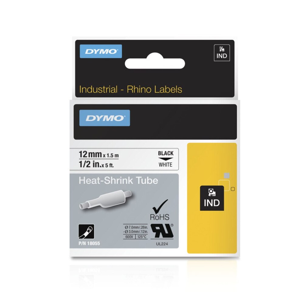 Cinta Dymo Rhino Industrial Termocontraible texto Negro fondo Blanco 12mm x 1.5m 18055