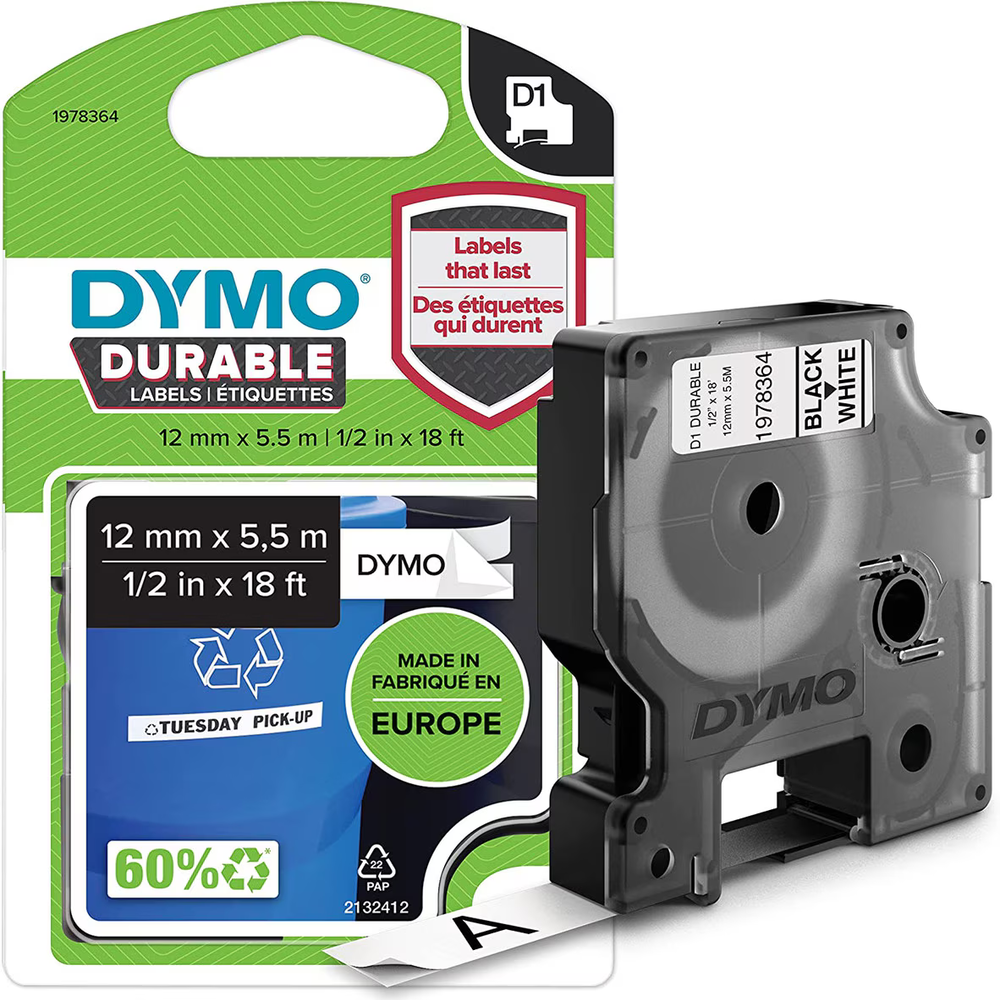 Cinta Dymo D1 Labelmanager Durable Negro fondo Blanco 12mm x 5.5m 1978364