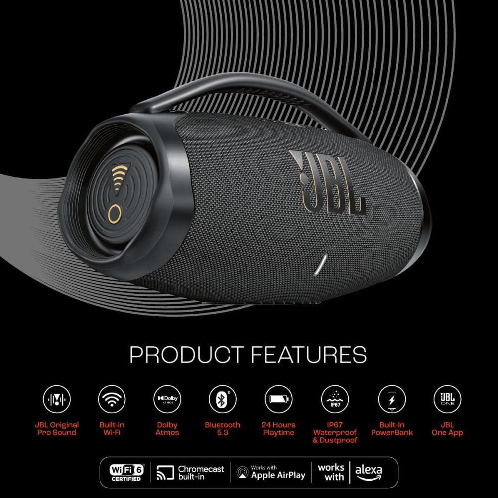 Parlante JBL Boombox 3 Pro Sound Dolby Atmos 3D Wi-Fi +BT v5.3 JBL One APP Chromecast Integrado Airplay Spotify Connect Bateria hasta 24 horas IP67 color Negro JBLBB3WIFIBLKAM