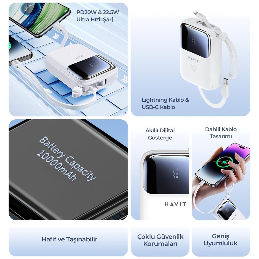 Cargador Portatil Havit Power Bank de 10.000 mAh con Indicador Digital doble salida USB-C y Lightning color Negro PB5215-BK