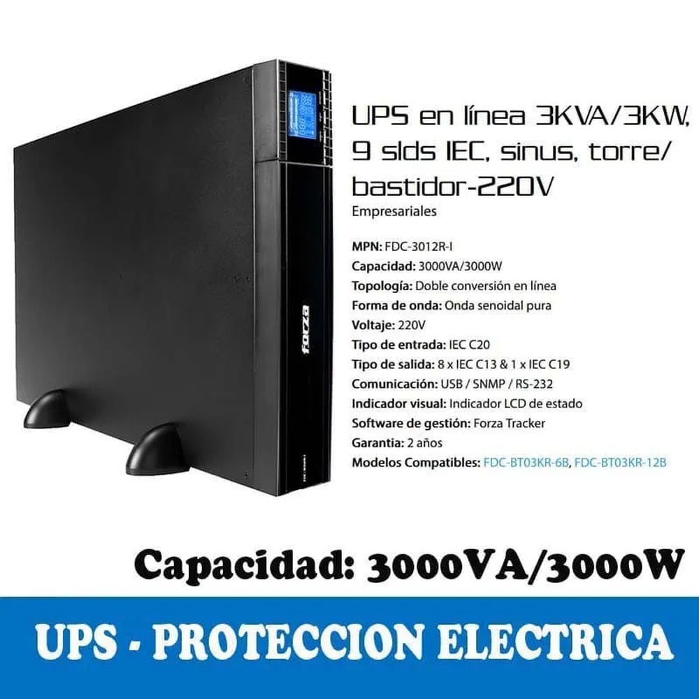UPS En Linea Forza Doble Conversion 3KVA 3KW Pantalla LCD Salida 8x IEC C13 1x IEC C19 Puerto USB SNMP RS232 FDC-3012R-I