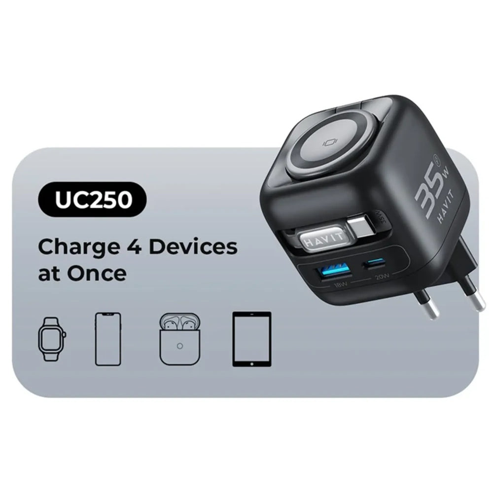Cargador Havit 35W Multifuncion Cable Retractil USB-C 70cm + 1xUSB-A + 1xUSB-C + Base Carga Inalambrica UC250 A-EU-BKG