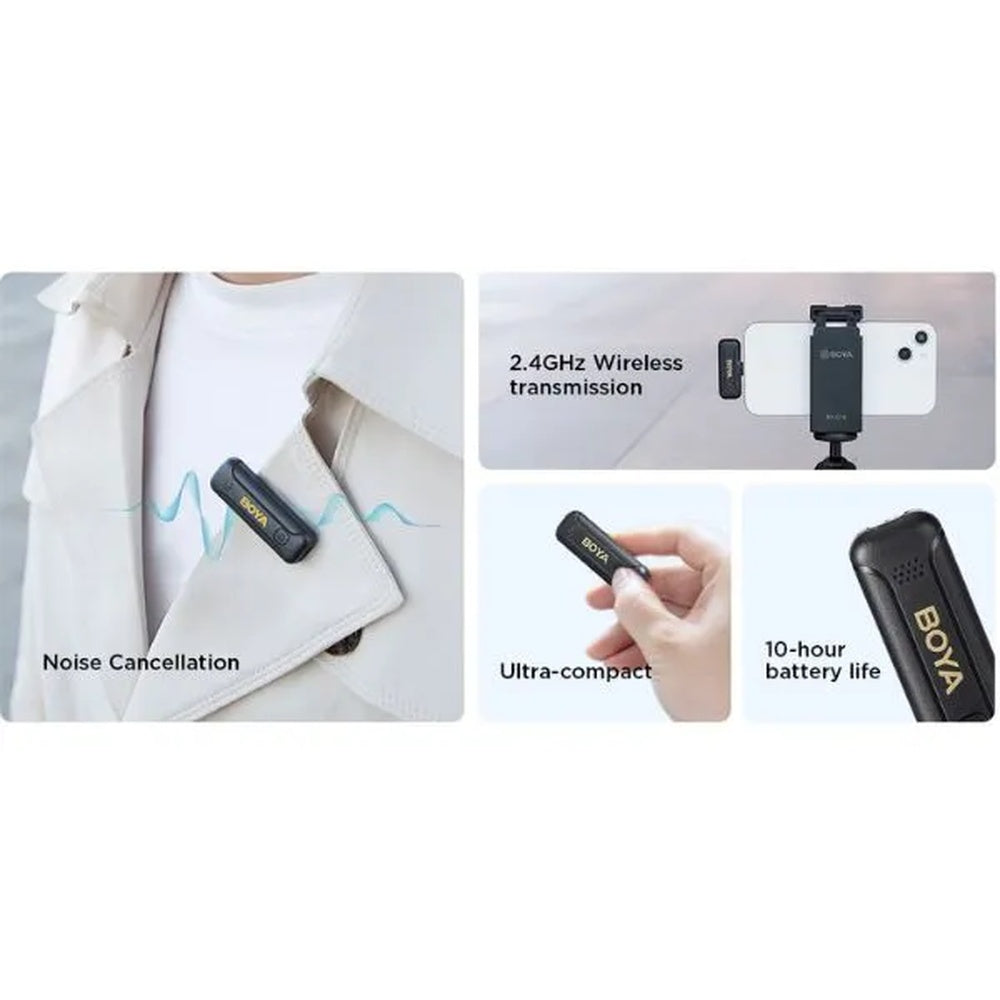 Mini Microfono Inalambrico Boya Ultracompacto y Portatil Cancelacion de Ruido Bateria 10 Horas Puerto USB-C BY-WM3T2-U1