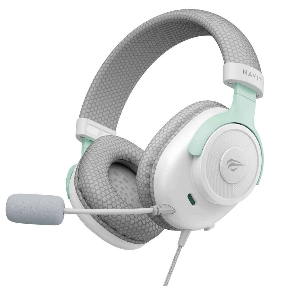 Audifono Gamer Havit Microfono Omnidireccional Driver 50mm Puerto AUX Blanco+Cyan Cable 1.8m H2230E-WHC