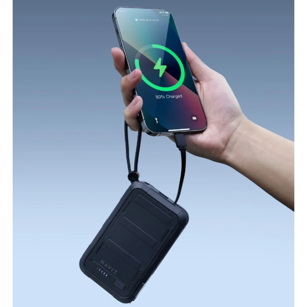 Power Bank Havit 20.000mAh 3en1 + Cargador AC con Enchufe EU+US + Cable Integrado Lightning y USB-C PB5231 EU+US-BK