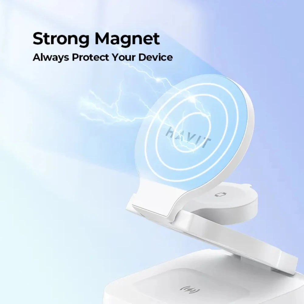 Cargador Havit Inalambrico 3en1 Diseño Plegable y Compacto para Celular Reloj y Audifono color Blanco W3038-WH