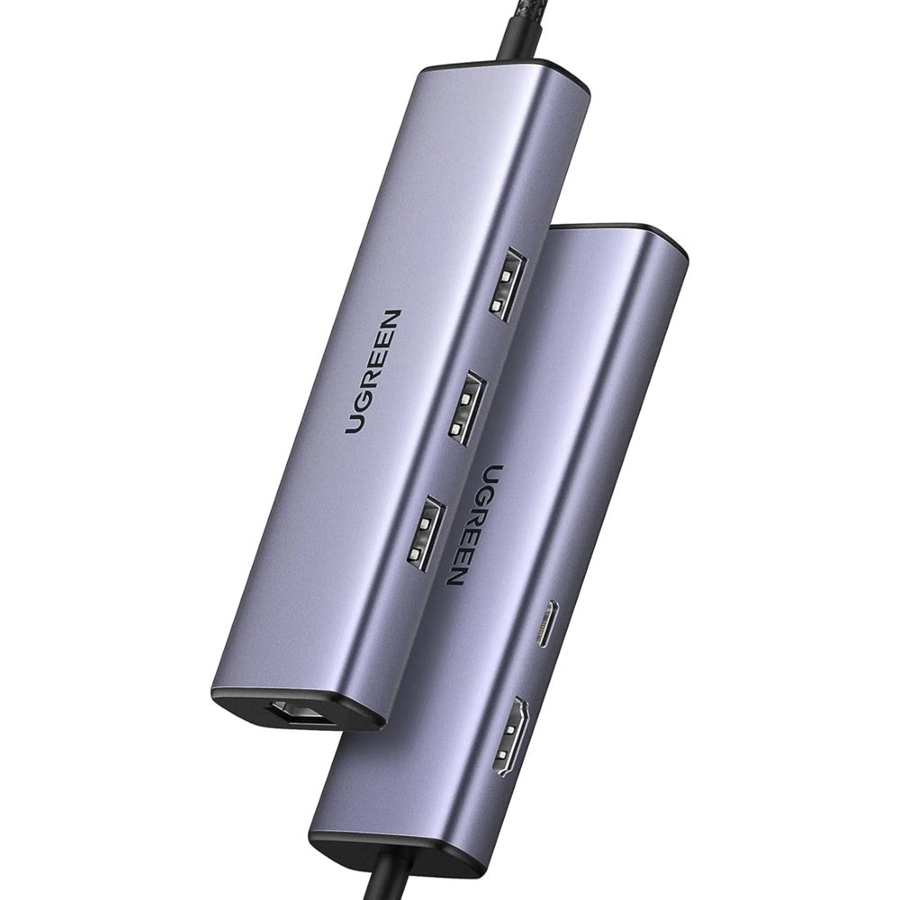 Hub USB-C Ugreen 6en1 1xHDMI 4K 30Hz 1xEthernet Gigabit 3xUSB-A 3.0 5Gbps PD100W Premium Metalico y Elegante 15598