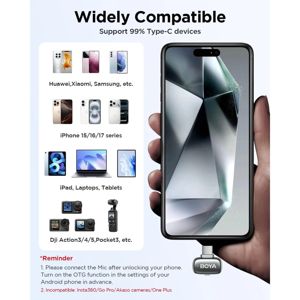 Mini Microfono Inalambrico Boya Cancelacion de Ruido Alcance 100m Bateria 6 Horas Puerto USB-C BOYA mini 2-02LUNARSILVER