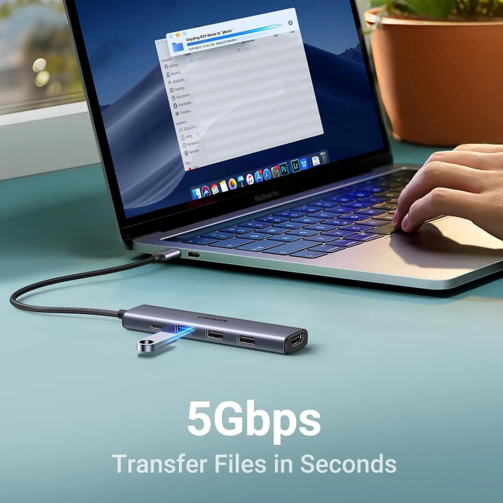 Adaptador Ugreen USB-C Multifuncional Revodok 5en1 HDMI 4K 30fps USB-C PD 100W USB-A 3.0 5Gbps 2xUSB-A 480Mbps 15495