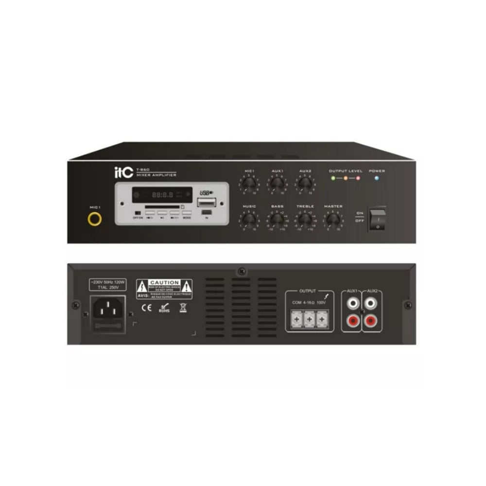 Amplificador ITC Mezclador RMS 60W Clase-D USB SD Tuner y Bluetooth Funcion de Grabadora de Entrada Mic1 y Linea 1 Entrada 1EMC Entrada 2AU T-B60DTB T-B60