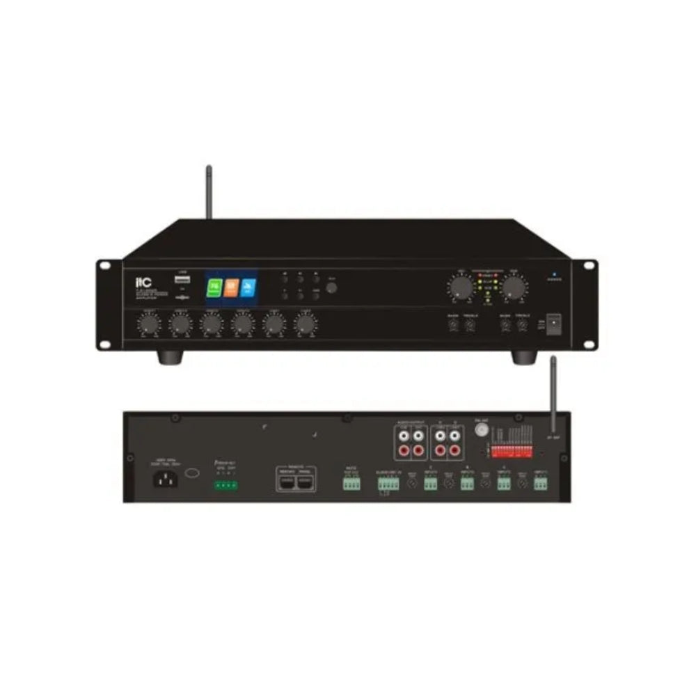 Amplificador ITC Mezclador 4 Zonas Potencia 4x120W Salida Parlantes 70/100V 4-16Ohms Puertos USB SD MP3 2 Entradas Aux RCA 3 Entradas de Microfono T-4120UC