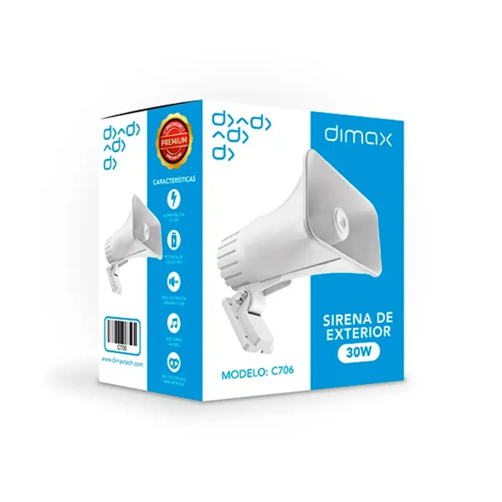 Sirena Dimax de 30W de 2 Tonos 112dB para Exterior Alimentacion 12Vdc C706