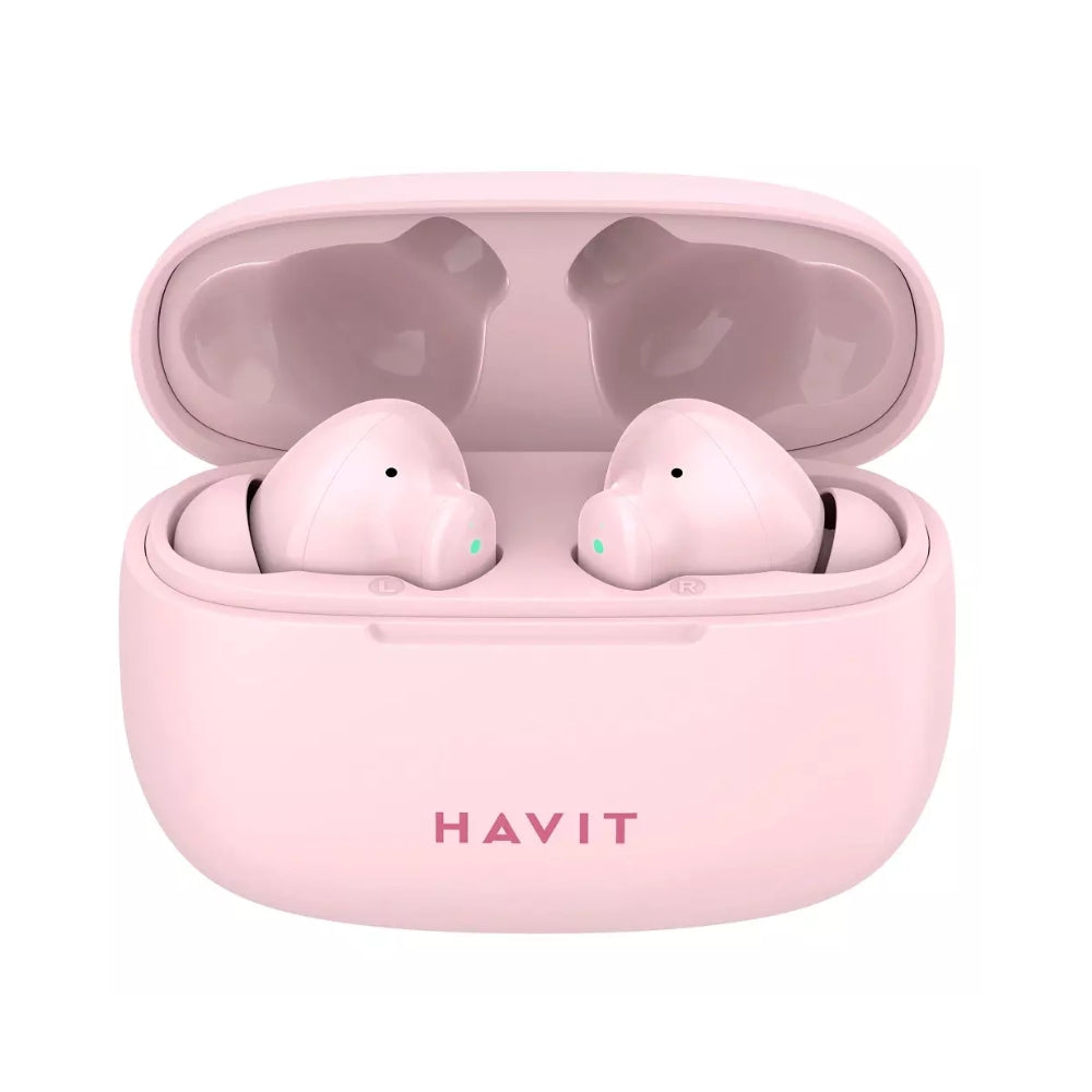 Auriculares Havit Inalambricos Tamaño Compacto Control Tactil Llamadas Nitidas Graves Potentes color Rosado TW967-P