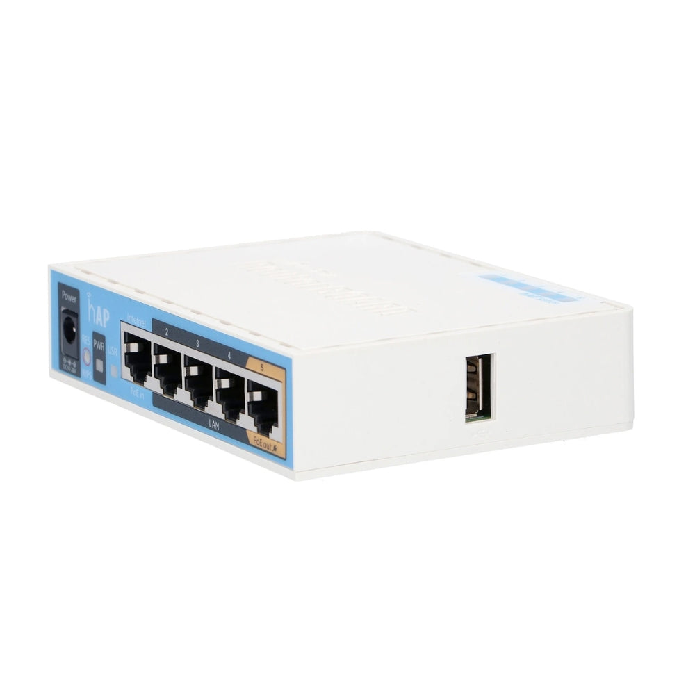 Home Access Point Mikrotik HAP Frecuencia 2.4GHz Antena Interna de 2.5dBi Norma 802.11B/G/N + 5 Ethernet 100Mbps +1xUSB Soporta 3G/4G Licencia Nivel 4 RB951UI-2ND