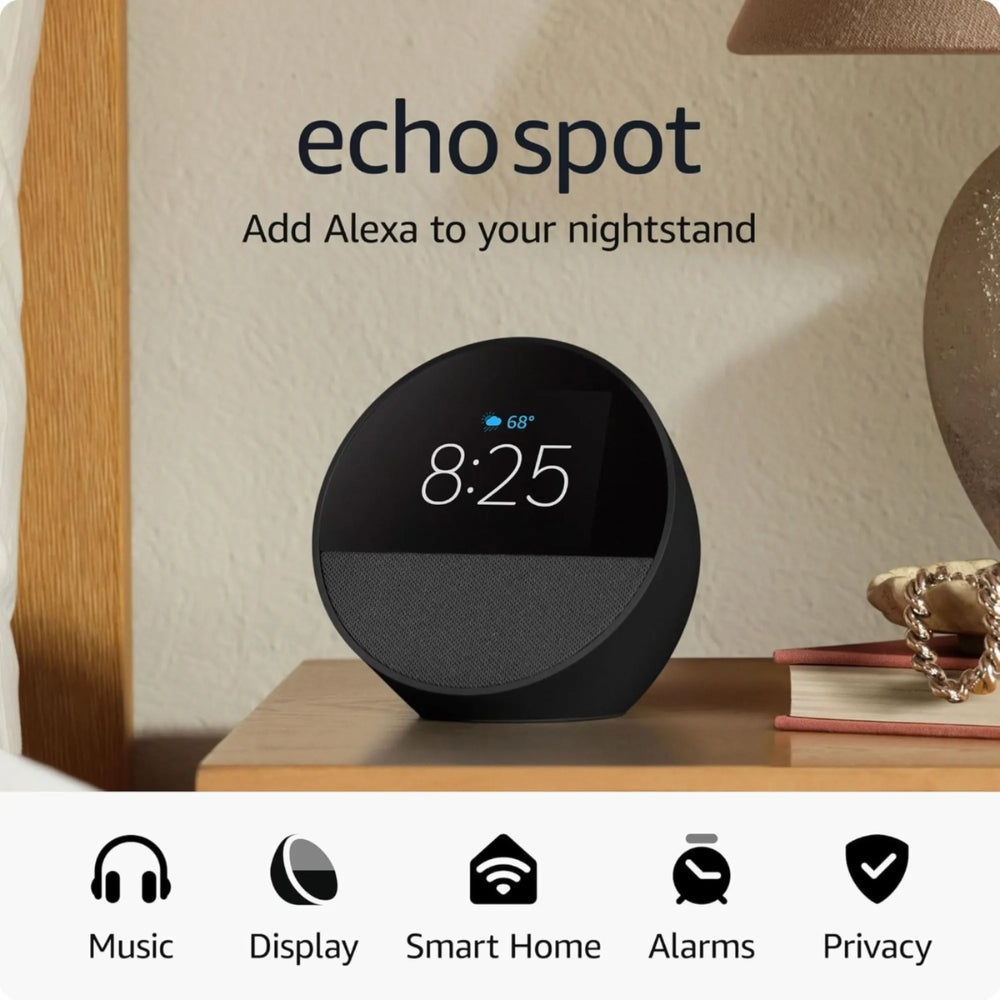 Parlante Amazon Alexa Echo Spot 2024 Sonido Vibrante Pantalla 2.83" 320x240Pixeles 3 Botones color Negro BV84J9-N
