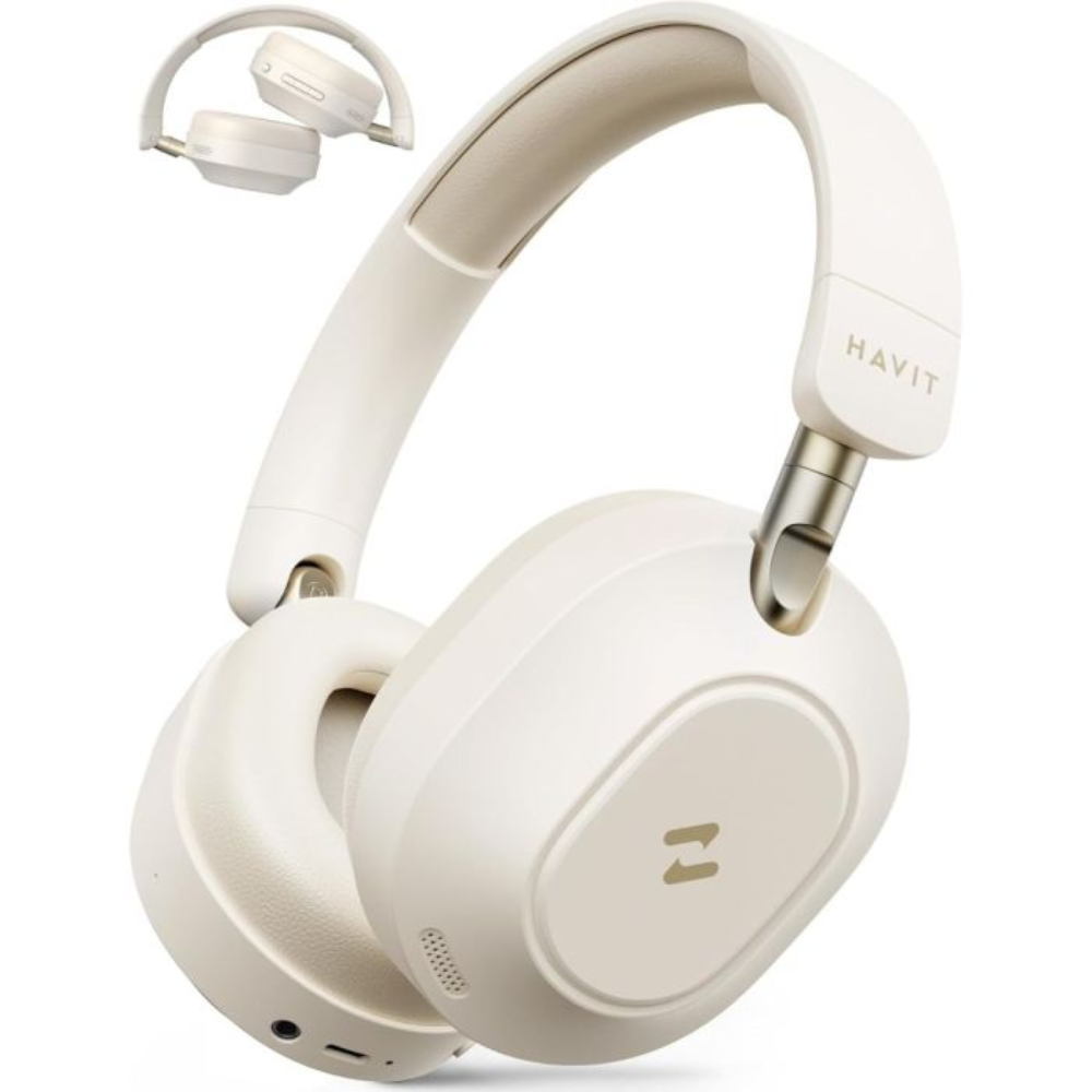 Audifonos Havit Inalambricos HI-Res Cancelacion de Ruido Activa Autonomia hasta 80 Horas Plegables Conexion a 2 Dispositivos en Simultaneo Puerto USB-C color Beige H668BT-BG