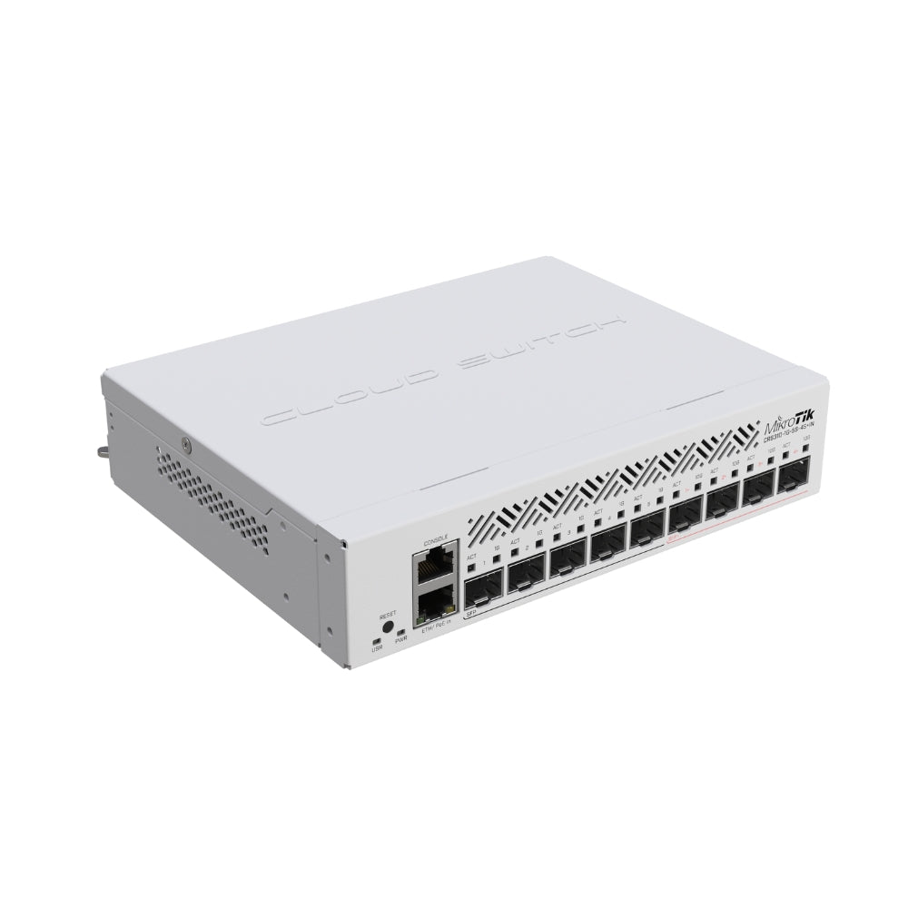 Cloud Core Router Mikrotik Switch 5 Puertos SFP + 4 Puertos SFP+ y 1 Ethernet Gigabit Dual Boot SwOS/RouterOS CPU 98DX226S RAM 256MB Licencia Nivel 5 Rackeable CRS310-1G-5S-4S+IN