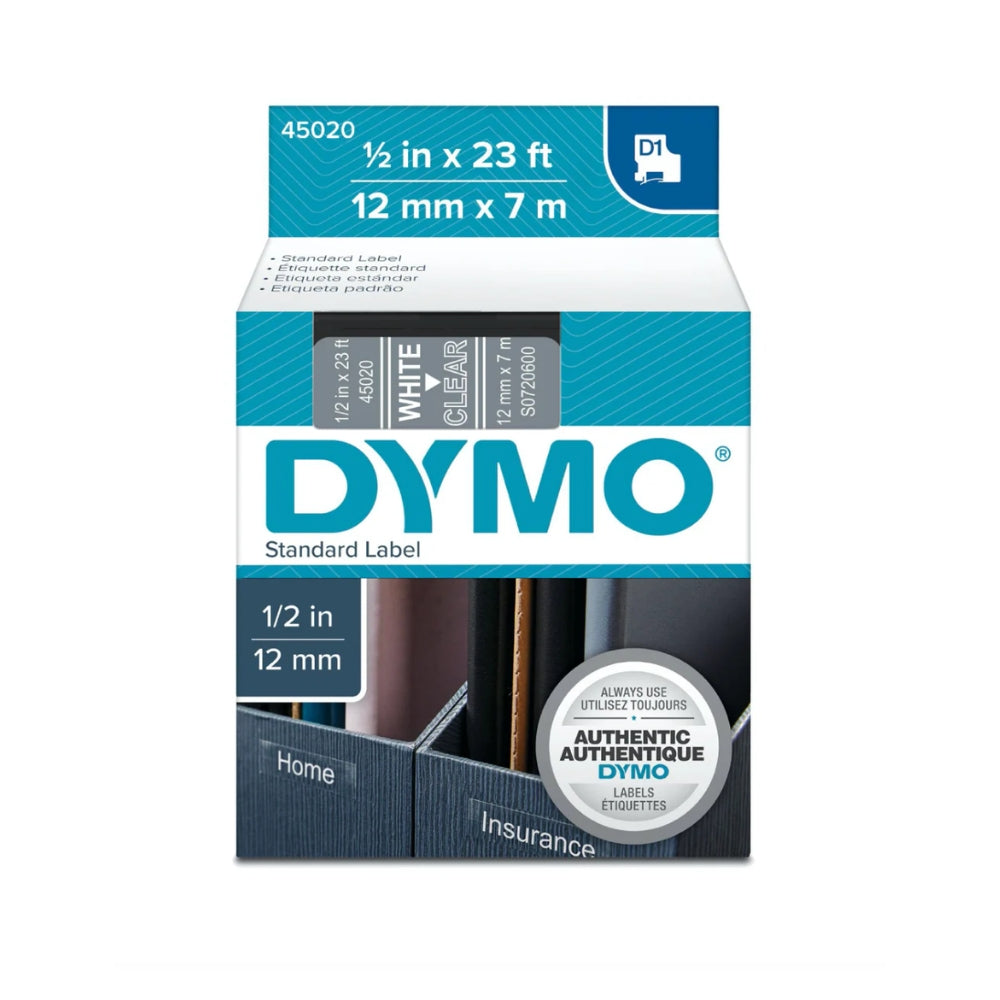 Cinta Dymo D1 Labelmanager Standard Blanco fondo Transparente 12mm x 7m 45020