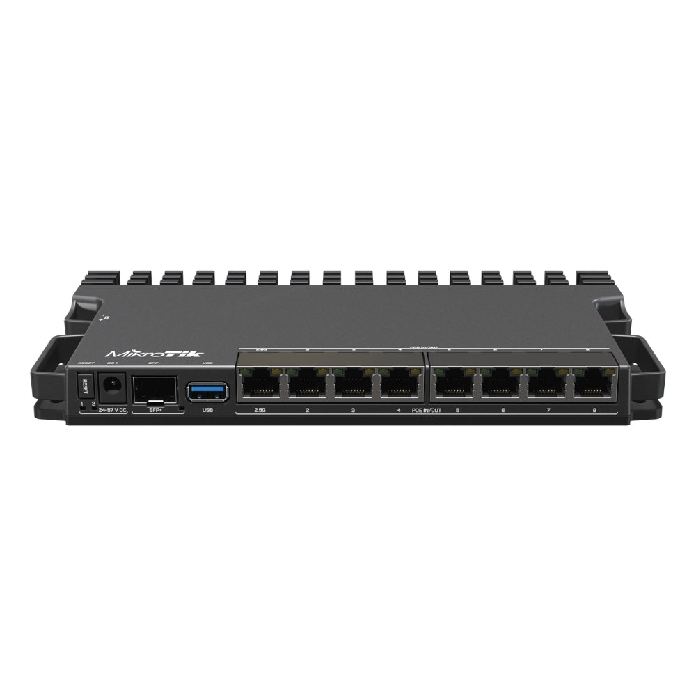 Router Board Mikrotik 7 Puertos Gigabit + 1 Puerto SFP 2.5G CPU Quad Core ARMv8 1.4GHz RAM 1GB DDR4 Soporta PoE In Licencia Nivel 5 RB5009UPr+S+IN
