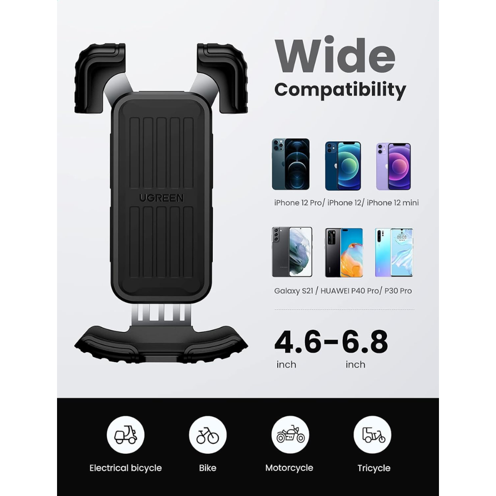 Soporte de Bicicleta Ugreen Universal Compatible con Celulares de 4.6 a 6.8" Seguridad en 4 esquinas Rotacion 360 grados 60548