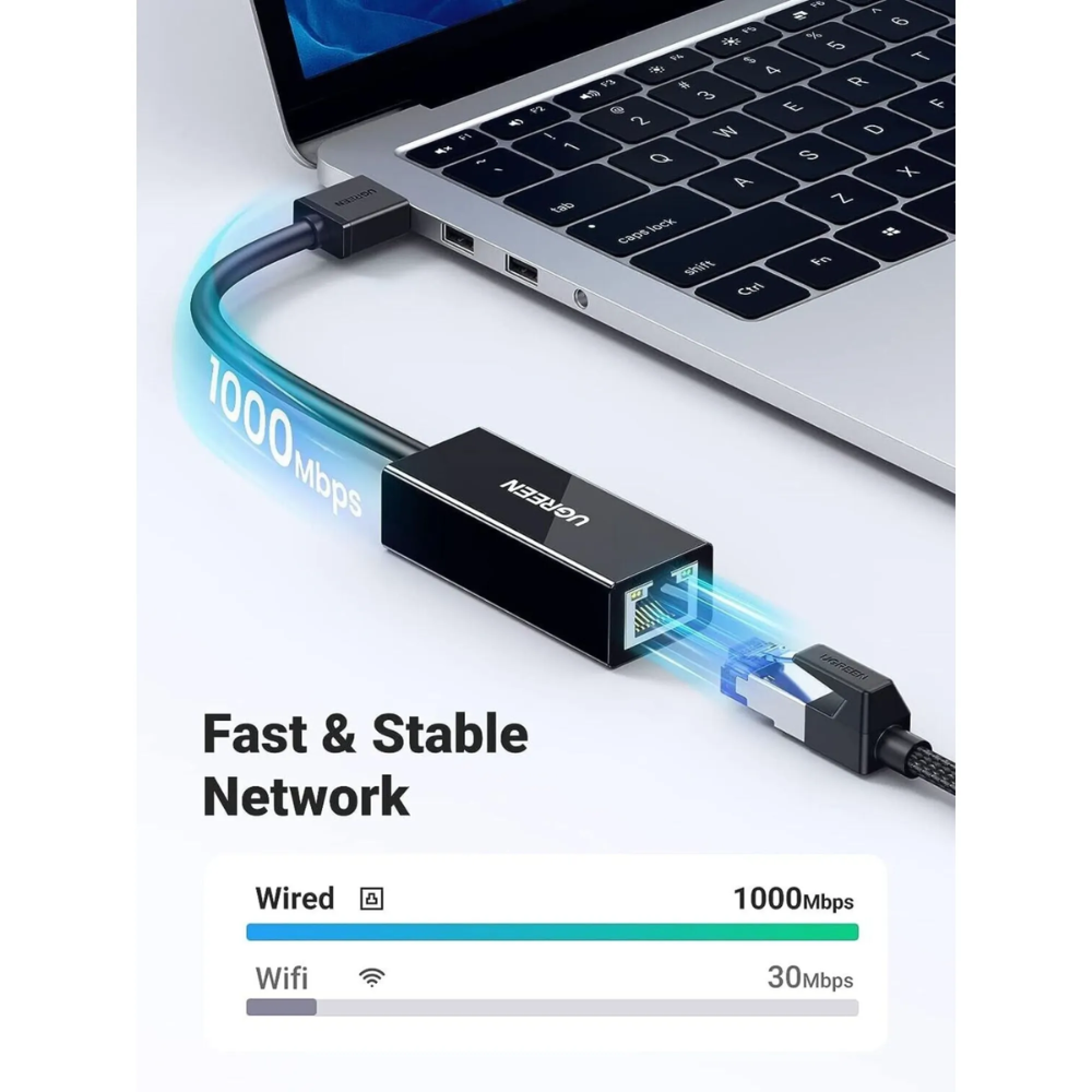 Adaptador Ethernet Ugreen USB-A 3.0 Gigabit 10/100/1000 Mbps color Negro 20256