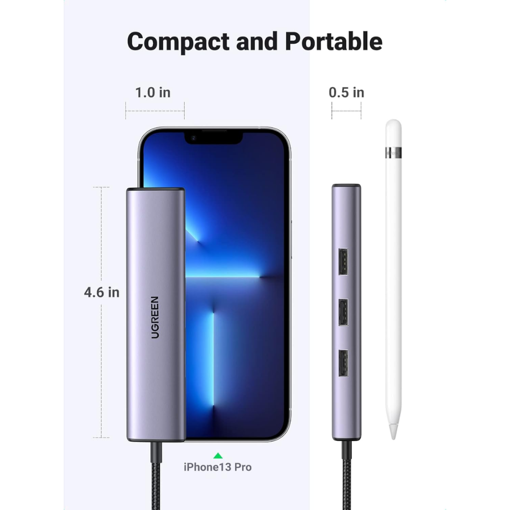 Hub USB-C a 3 Puertos USB-A 3.0 hasta 5Gbps 1 Puerto Ethernet Gigabit Diseño en ALuminio 60600