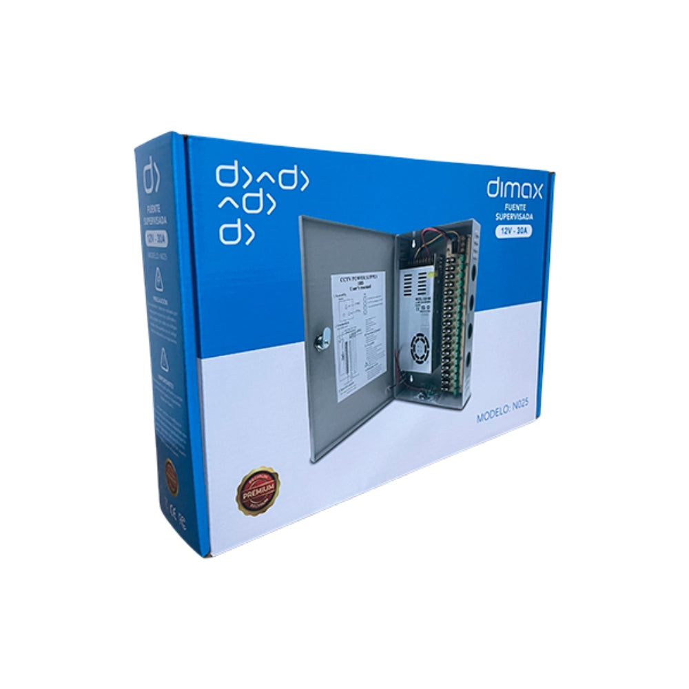 Fuente Supervisada Dimax 12Vdc 30Amp con 18 Salidas para Camaras Caja Metalica Fusible General y por Canal N025