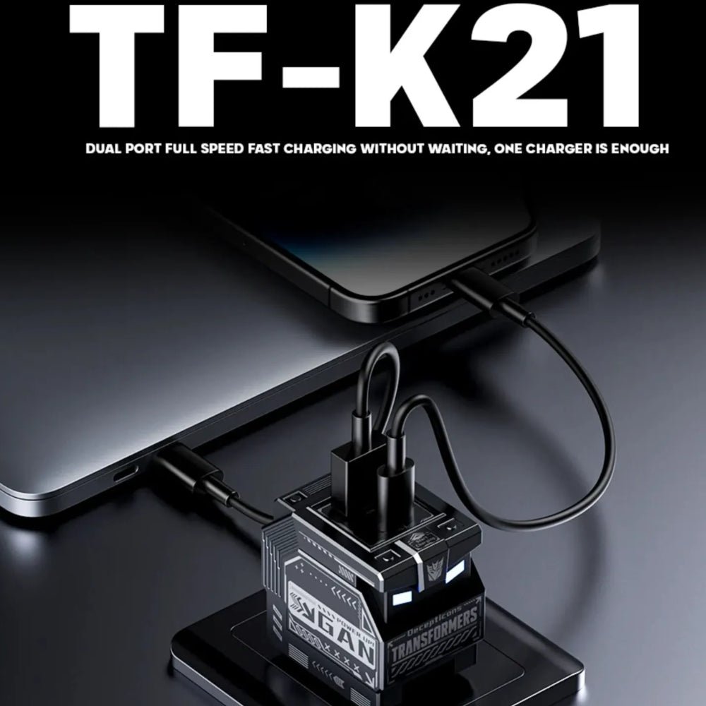 Cargador Adaptador Transformers Deceptions 35Watts GaN Puerto Dual USB-A USB-C Enchife Plegable Amplia Compatibilidad color Negro TF-K21-BK