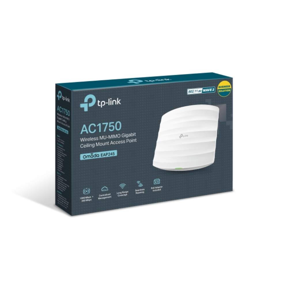Access Point TP-Link AC1750 WiFi5 Omada Doble Banda 2 Puertos Gigabit MU-MIMO Hotspot 15SSID Portal Cautivo EAP245