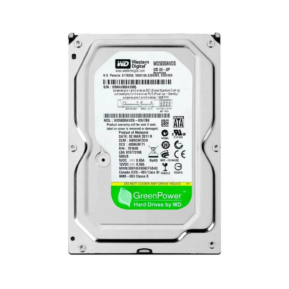 Disco Duro Western Digital Verde 500GB 5900RPM Sata III 3.5" para Video Vigilancia Reacondicionado WD5000AVDS
