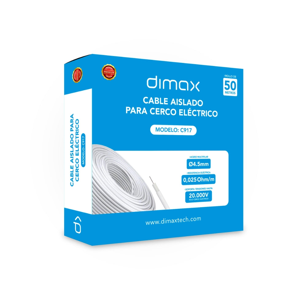 Cable Aislado Dimax para Cerca Electrica Aislacion Alta Densidad Doble Capa Diametro 4.5mm Cable de 10 hebras Rollo de 50M C917
