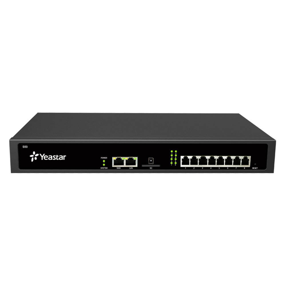 Central Telefonica IP Yeastar hasta 50 Usuarios 20 Llamadas simultaneas hasta 8 Canales FXS,FXO,BRI hasta 4 Canales GSM,3G,4G Firewall TLS SRTP Soporta 4 Modulos S50
