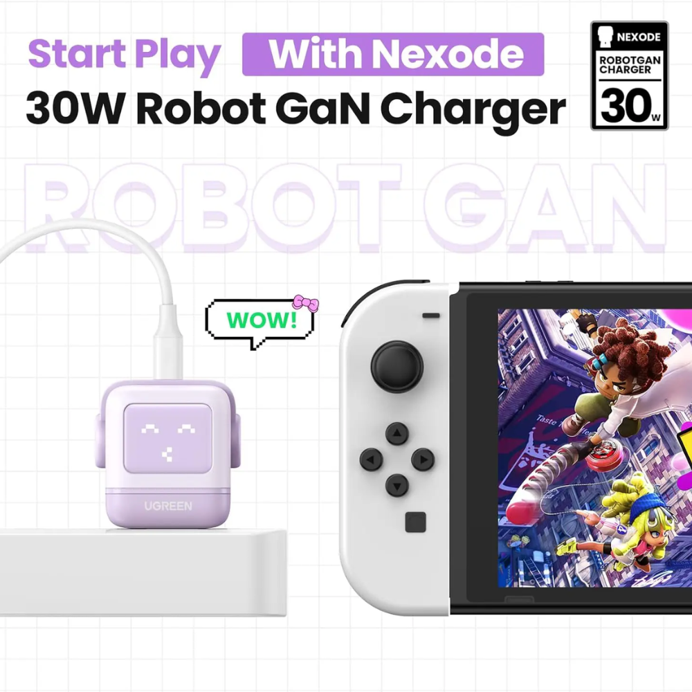 Cargador Ugreen USB-C 30W Nexode Robot GaN con Pantalla LED Proteccion Electrica color Purpura 25036