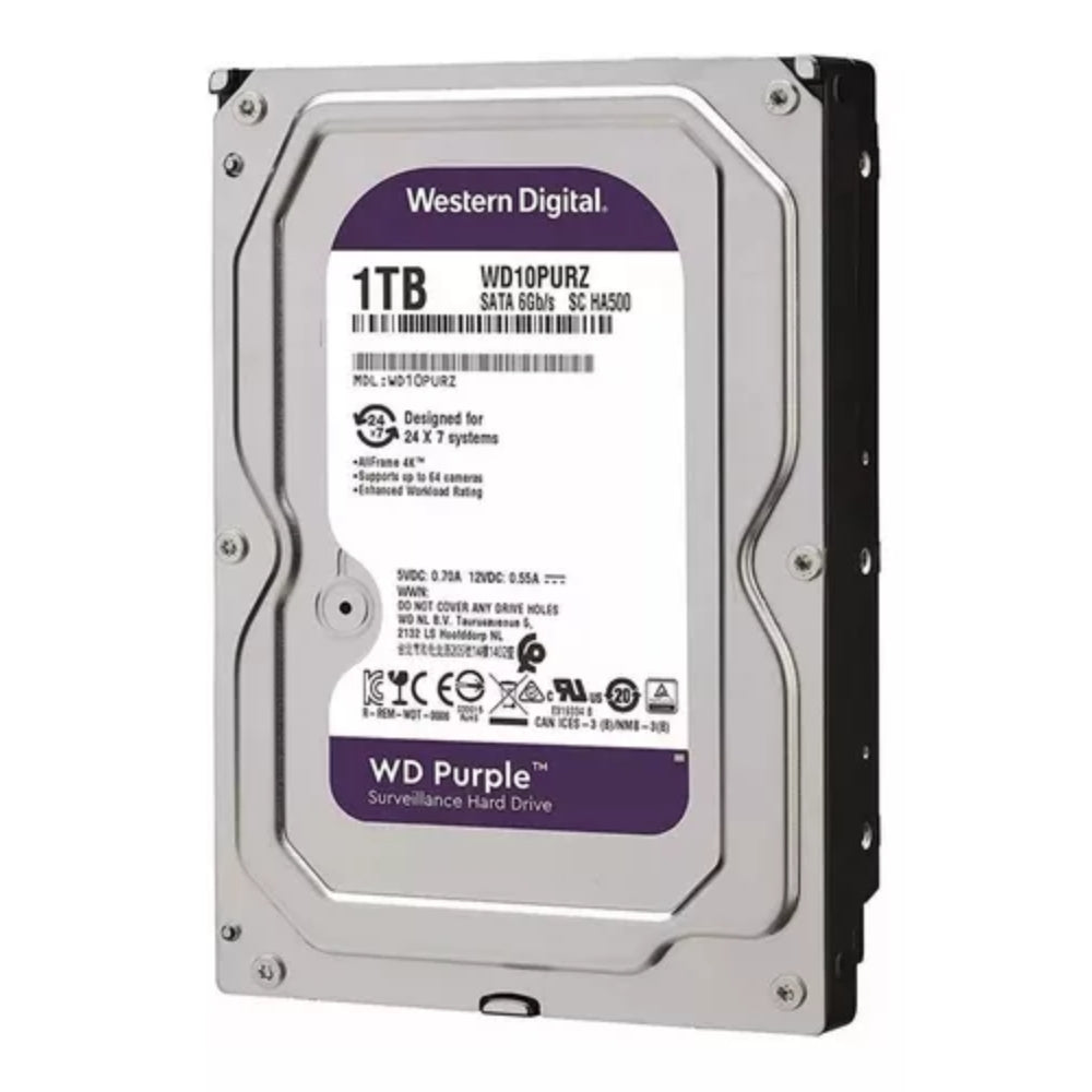 Disco Duro Western Digital Purpura 1TB 5400RPM Sata 6Gbps 3.5" Trabajo 24/7 para Video Vigilancia WD10PURZ