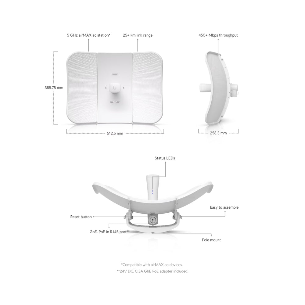 LitebeamUbiquiti AC Gen2 5AC Long-Range 5GHz 26dBi 25dBm 450Mbps Alcance 25+Km 1xEthernert Gigabit Kit de Montaje Inyector PoE Incluido Soporta Umobile UB-LBE-5AC-LR