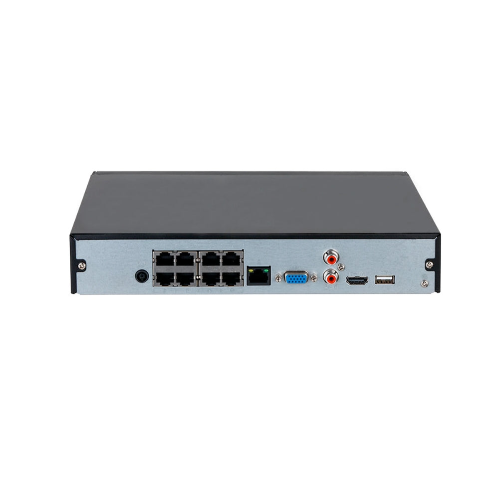 Grabador IP Dahua de 8 Canales PoE 4Ch SMD Plus 4Ch Proteccion Perimetral 1xHDD hasta 16TB 1xHDMI 1xVGA 1xRJ45 Audio 1I/1O NVR2108HS-8P-S3