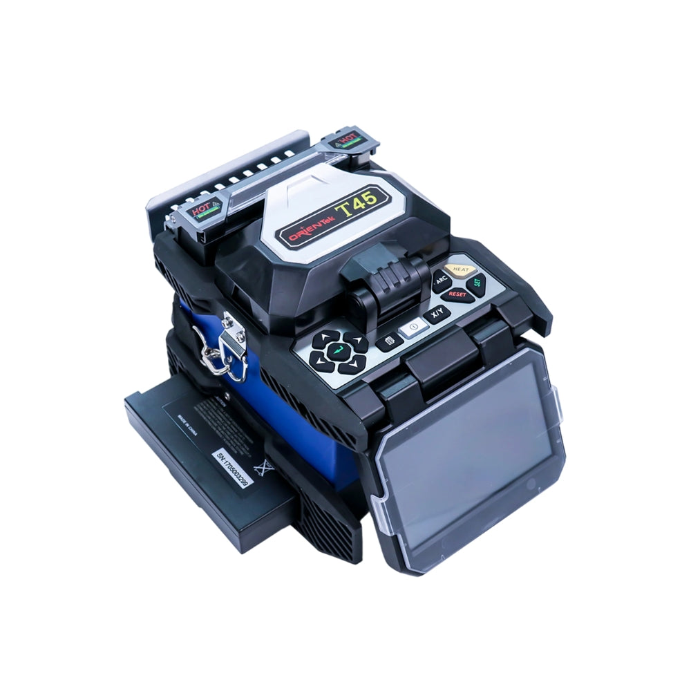 Fusionadora de Fibra Optica Orientek Pantalla Tactil 4.3" 5mm Bateria de Litio Empalme Rapido 5Seg Estandar 7Seg Comp 0.25/0.9/3.0mm Flat/Drop Comunicacion USB T45