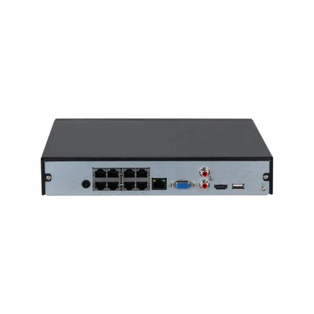 Grabador Dahua NVR 8 Canales con 8 puertos PoE 4K Soporta Camara 12MP 4CH SMD plus 1xHDD hasta 20TB 1xHDMI 1xVGA 1xUSB 1xRJ45 Audio 1I/1O DHI-NVR2108HS-8P-4KS3