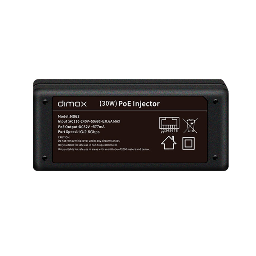 Inyector PoE Dimax 30 Watts Entrada 110 a 240VAC Salida 52V 577mA Alcance hasta 100 metros Incluye Cable de Poder N063