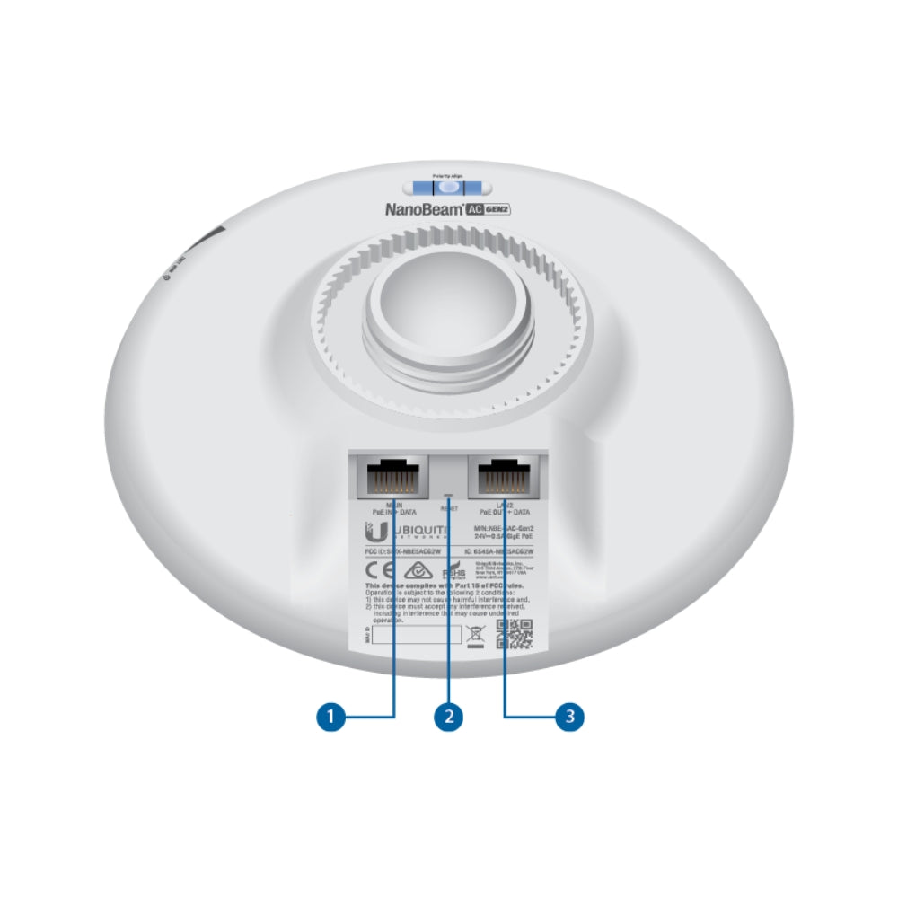 Antena Ubiquiti Nanobeam AC Gen2 5GHz 19dBi 26dBm 450Mbps Alcance 25+Km 1xEthernet Gigabit Kit de Montaje Inyector PoE Incluido UB-NBE-5AC-GEN2