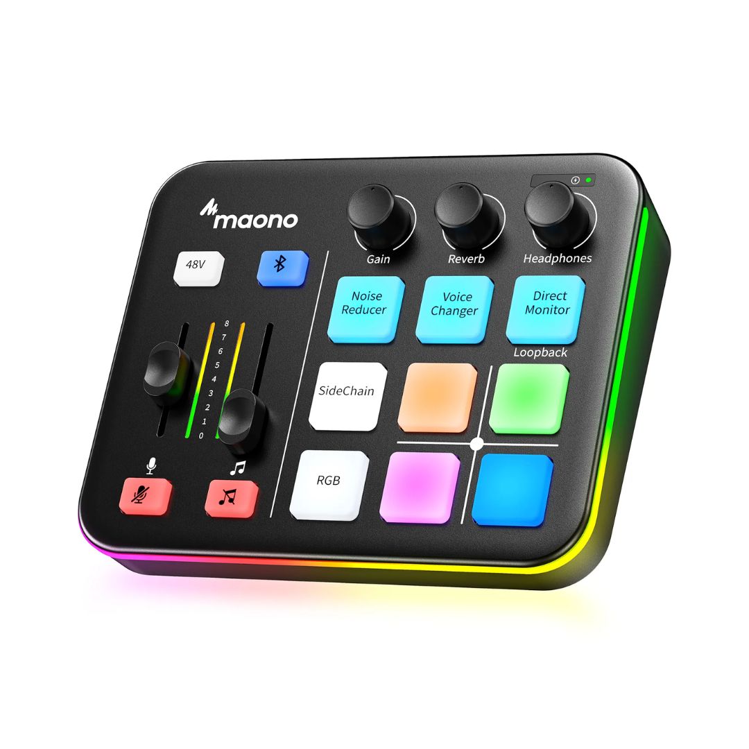 Mezclador de Audio Maono para Streaming Gamer Iluminacion RGB Entrada XLR Bluetooth Silencio a 1 Click Alimentacion Phantom 48V Efectos de Sonido G1 NEO