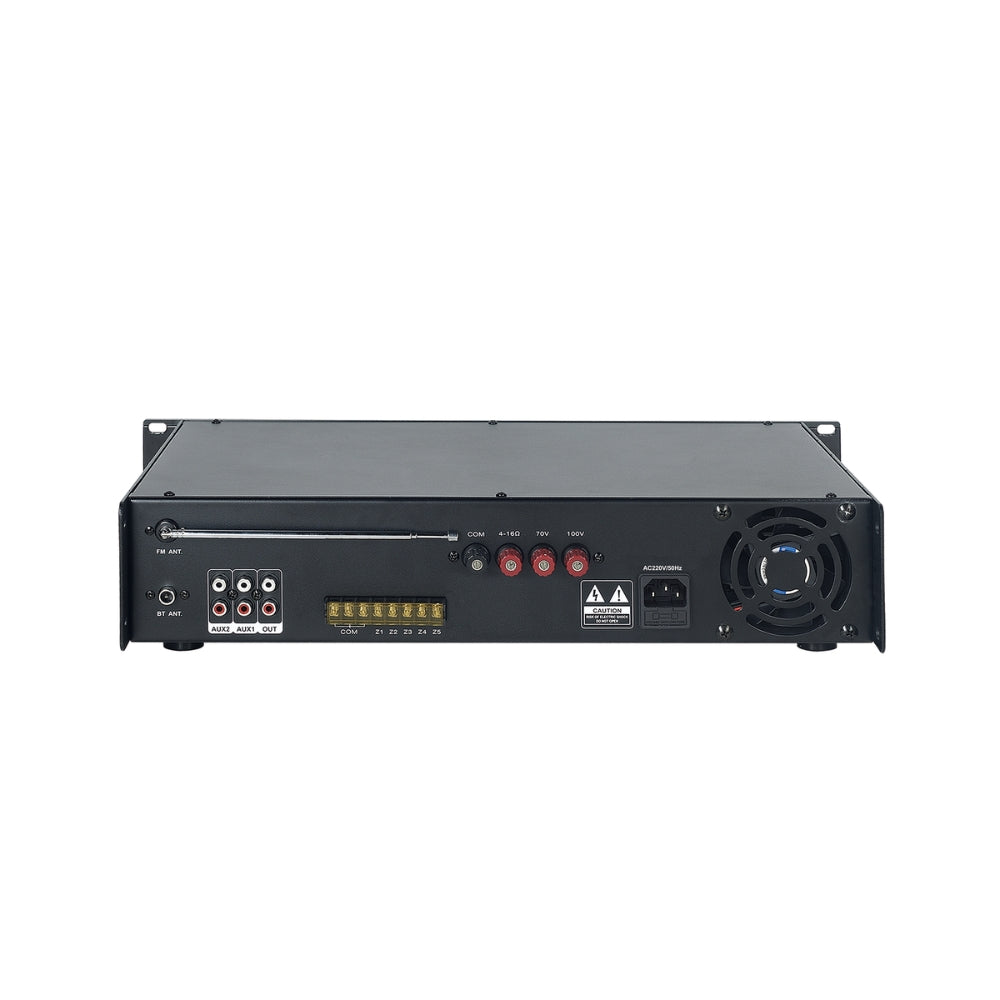 Amplificador Dimax para Megafonia 180 Watts Entrada 2CH MIC 2 Aux Agudos y Graves Ajustables 5 Zonas Funcion USB SD FM BT Indicador de Voz L004
